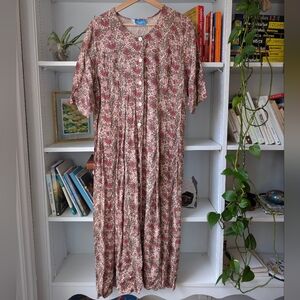Vintage Women Maxi Dress Button-Front Pink Cream Size Large Fairy Cottagecore
